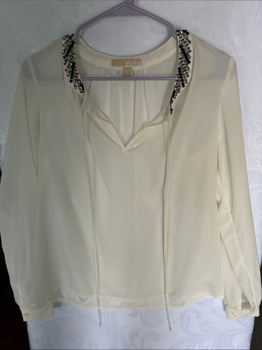 Michael Kors Cream Beaded-Collar Long Sleeve Blouse